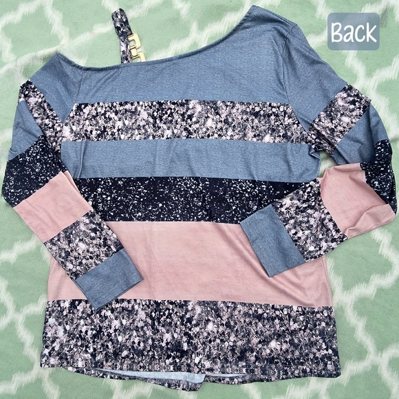 🟣 Womens Colorblock Pink Grey Black Chain Detail Off Shoulder Casual Top - Picture 4 of 7